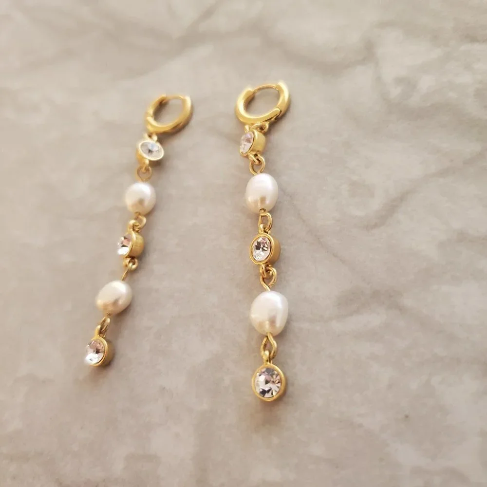 ✨ J.Crew Pearl Rhinestone Crystal Bridal Wedding Formal Drop Dangle Earrings ✨ - Picture 3 of 8